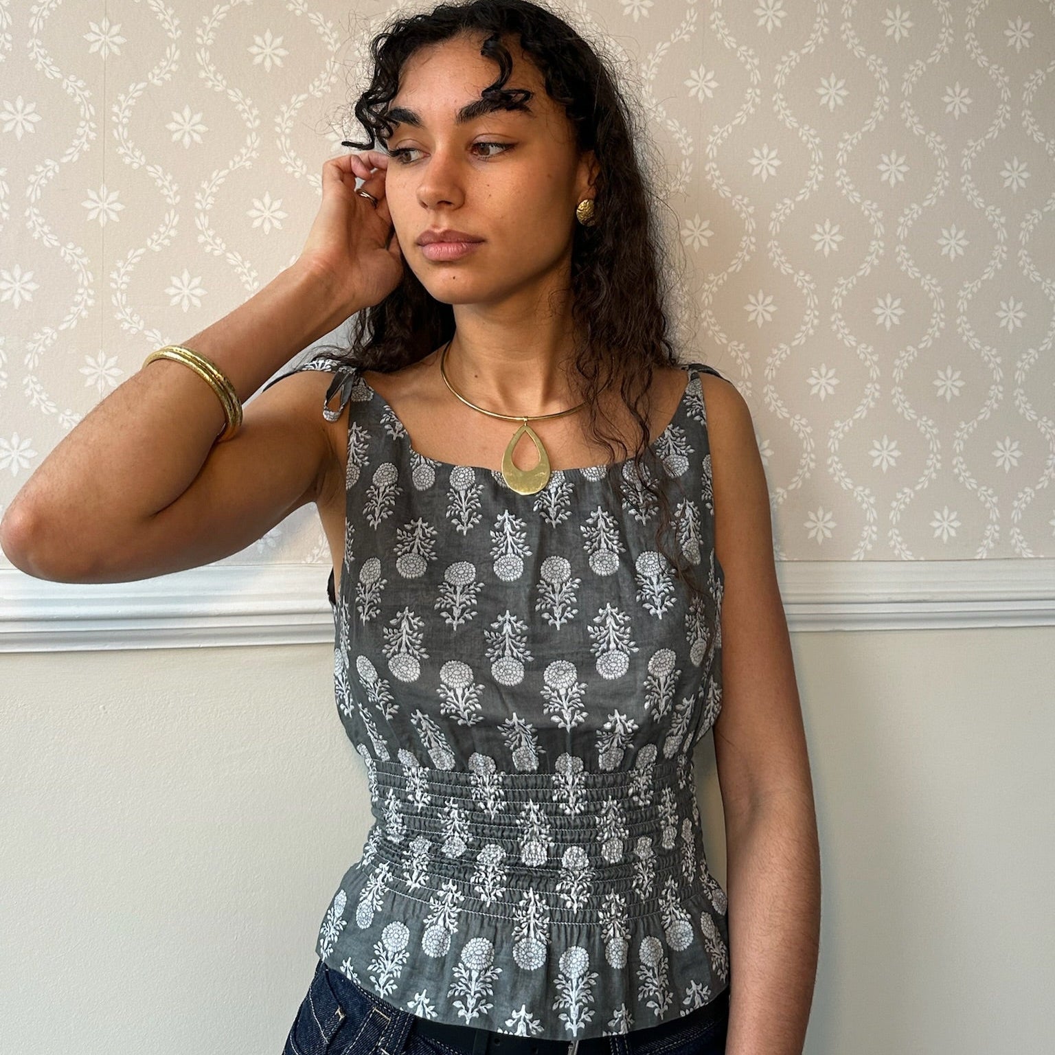 grey tie shoulder women's top